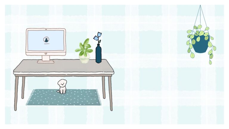 digital image of small white dog under desk with computer, blue and green aesthetic, hanging plant