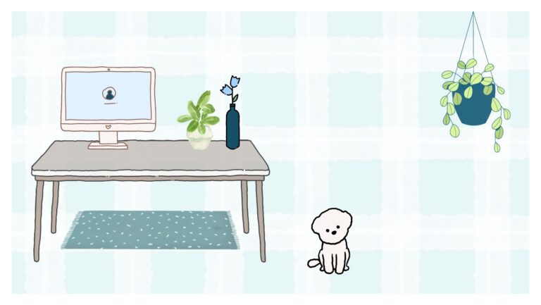 small white dog next to gray desk with laptop on it, green rug underneath, 3 plants